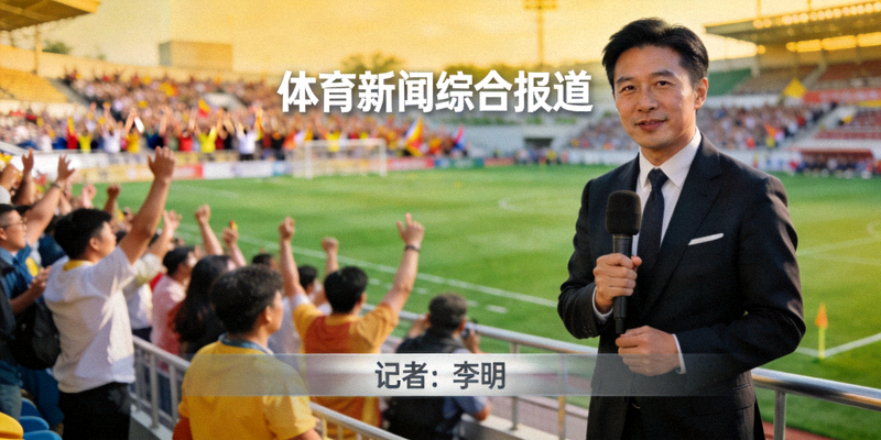 体育新闻综合报道 - 记者在体育场边报道赛事新闻，背景为球场与观众
